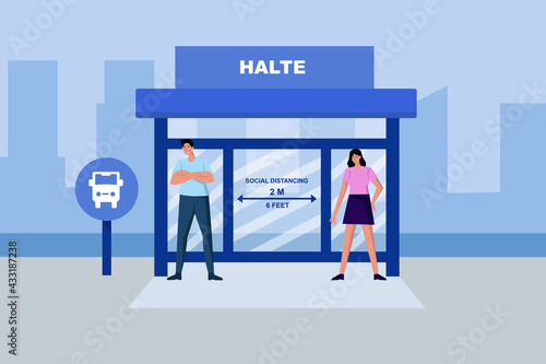 keep your distance at a bus stop, to avoid transmission of covid 19, vector illustration