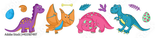 Set of colorful doodle dinosaurs with elements. Vector illustration. Dino icons collection.