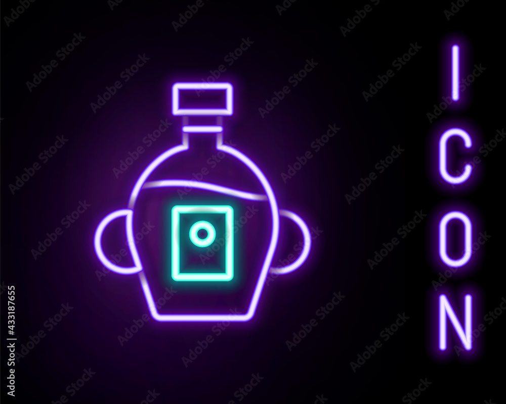 Glowing neon line Bottle of maple syrup icon isolated on black background. Colorful outline concept. Vector Glowing neon line Bottle of maple syrup icon isolated on black background. Colorful outline concept. Vector