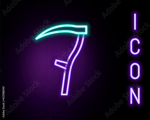 Glowing neon line Scythe icon isolated on black background. Happy Halloween party. Colorful outline concept. Vector