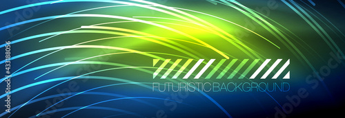 Neon glowing lines  magic energy and light motion background. Vector wallpaper template