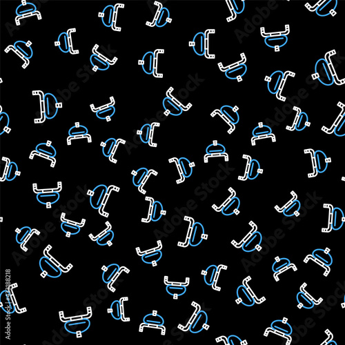 Line Bread and salt on towel icon isolated seamless pattern on black background. National food loaf. Traditional ukrainian wedding bread. Vector