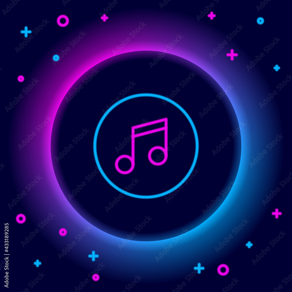 Glowing neon line Music note, tone icon isolated on black background. Colorful outline concept. Vector Glowing neon line Music note, tone icon isolated on black background. Colorful outline concept. Vector