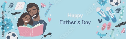 Fathers Day poster or banner template with necktie and gift box on blue background. Black african american daughter and dad. Vector promotional template.