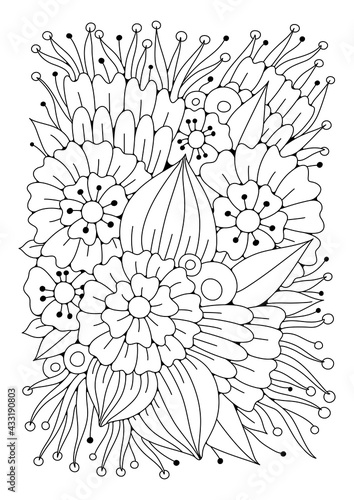 Botanical coloring page. Vector illustration with flowers for coloring. Line art. Art therapy.