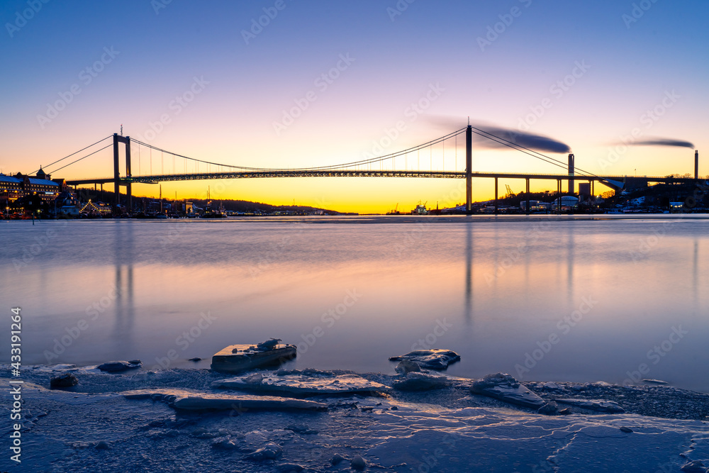 Long exposure of a bridge during winter sunset