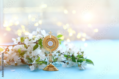 Cuadro en lienzo symbol of Catholic Sacrament of Communion and flowers on blurred light background