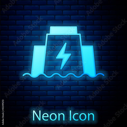 Glowing neon Hydroelectric dam icon isolated on brick wall background. Water energy plant. Hydropower. Hydroelectricity. Vector
