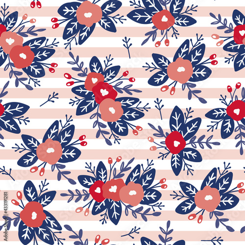 Red and peach bouquetes and flowers with navy leaves in the colours of American flag for Independence day decorations. Floral vector seamless pattern for patriotic holidays in the USA. photo