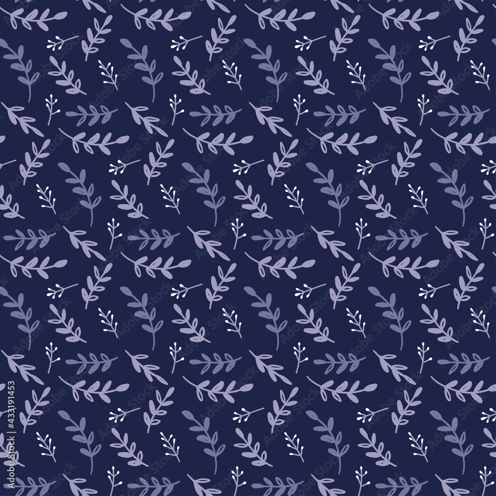 Navy seamless pattern with small leaves and tiny white berries or flower buds. Vector design for bedding textile.