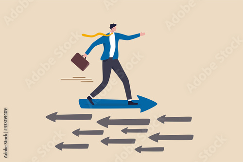 Contrary investment, be different in opposite direction concept, businessman riding arrow in different direction or other people or mainstream. photo