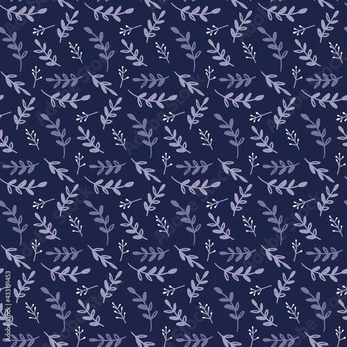 Navy seamless pattern with small leaves and tiny white berries or flower buds. Vector design for bedding textile.