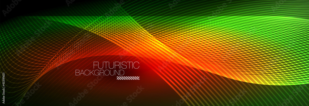 Abstract neon glowing light in the dark with waves. Shiny magic energy and motion concept, vector abstract wallpaper background Abstract neon glowing light in the dark with waves. Shiny magic energy and motion concept, vector abstract wallpaper background