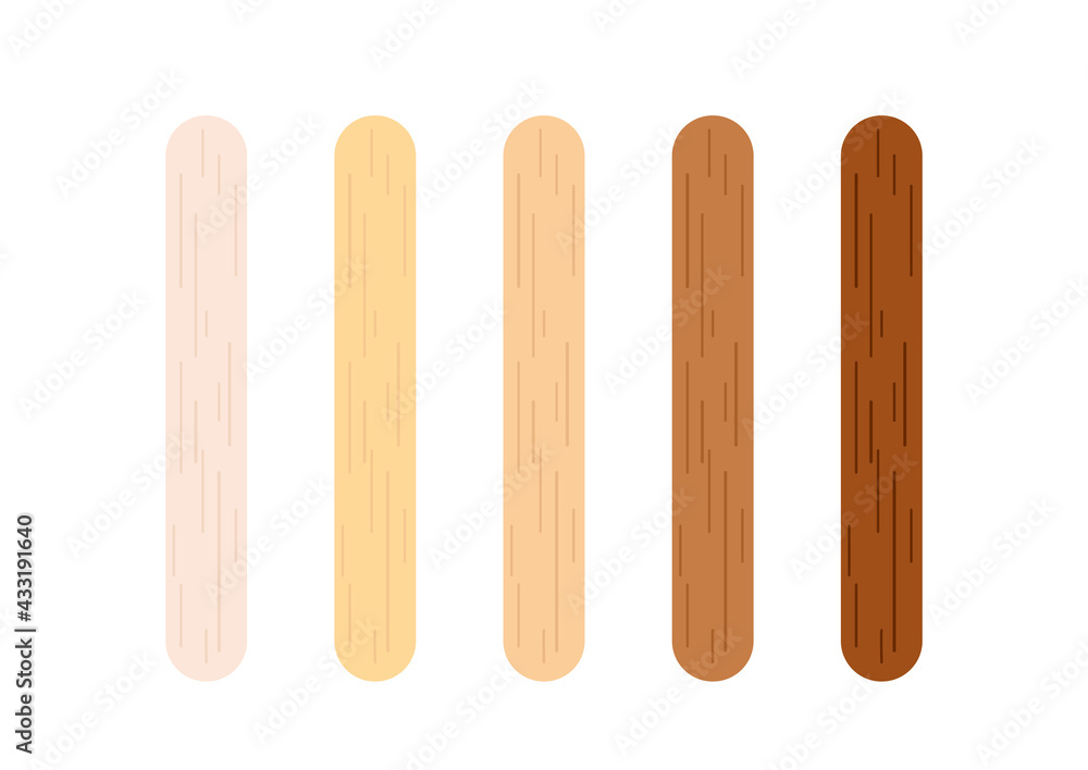 Popsicle stick for ice cream, medical tongue depressor set. Different wooden color stick for medical throat examination, holding ice cream from light to dark. Flat cartoon vector clip art illustration Popsicle stick for ice cream, medical tongue depressor set. Different wooden color stick for medical throat examination, holding ice cream from light to dark. Flat cartoon vector clip art illustration