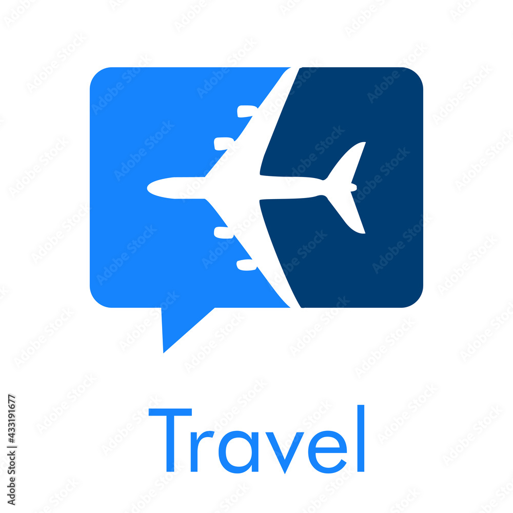 Fototapeta premium Logotipo con texto Travel y silueta de avión en burbuja de habla en color azul