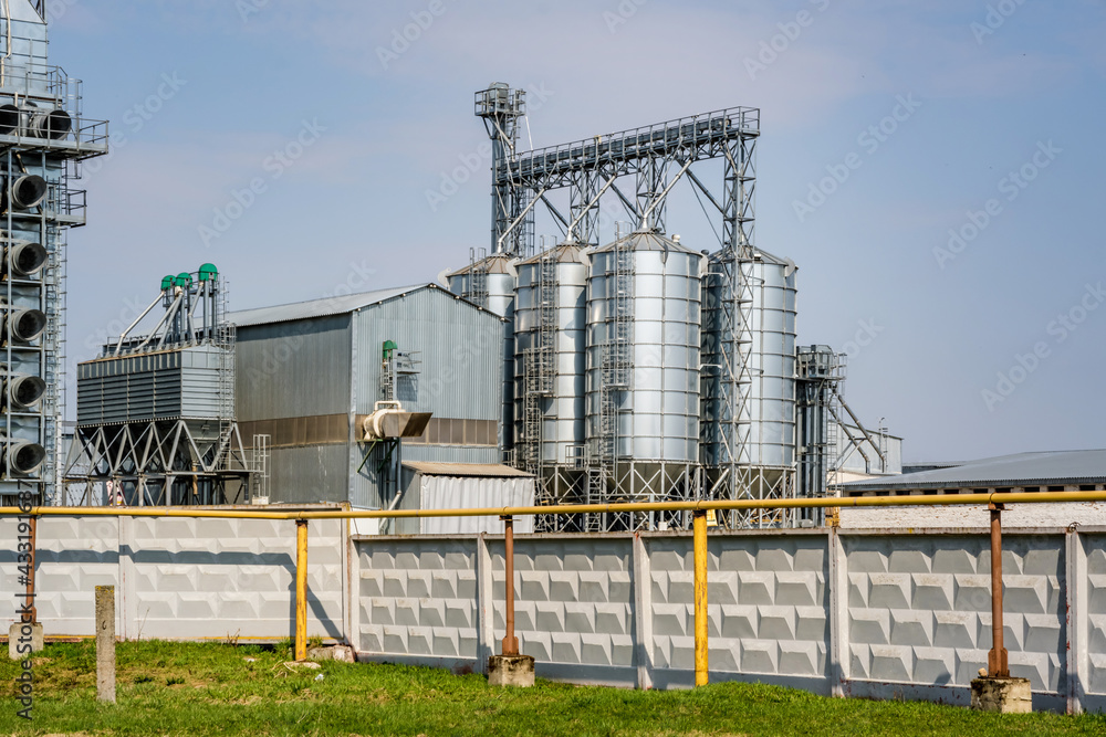 Modern Granary elevator. Silver silos on agro-processing and manufacturing plant for processing drying cleaning and storage of agricultural products, flour, cereals and grain. seed cleaning line Modern Granary elevator. Silver silos on agro-processing and manufacturing plant for processing drying cleaning and storage of agricultural products, flour, cereals and grain. seed cleaning line