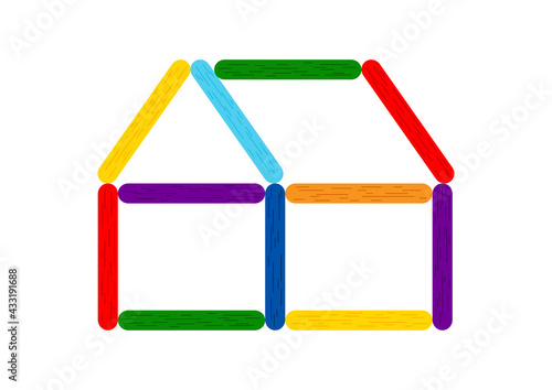 Rainbow color popsicle stick house for kids game. Stick for preschool child developing activity and education, color matching, math game with wooden texture. Flat cartoon vector clip art illustration.