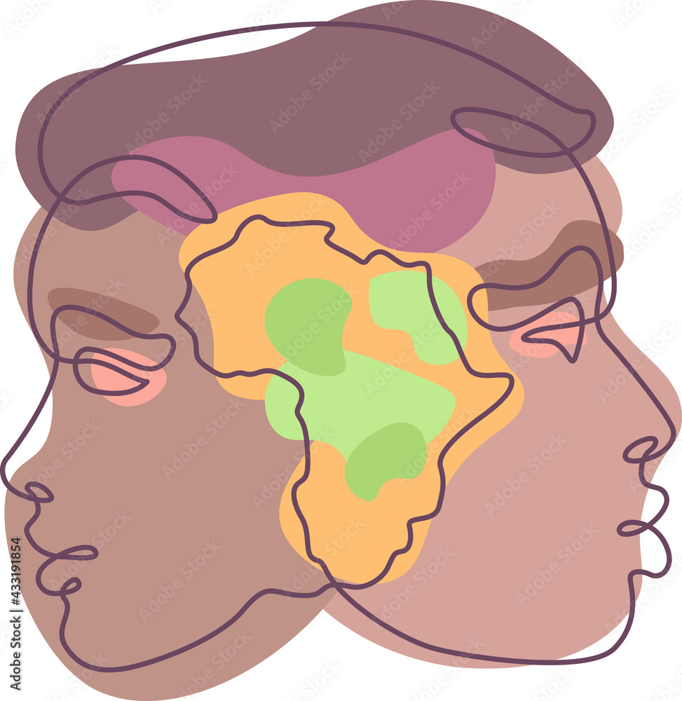 Female and male portrait. Face profile symbol of local nationality. Africa silhouette map.  One continuous line logo single hand drawn isolated minimal illustration.Colored abstract background.