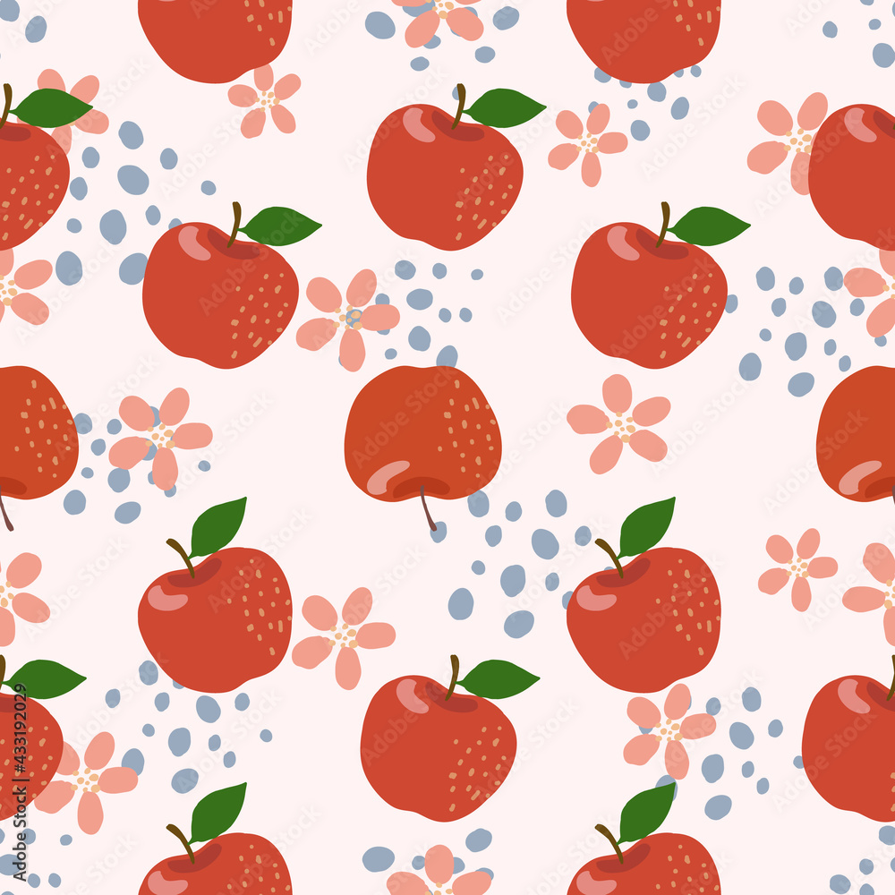 Seamless pattern hand draw red apples and apple blossom. Vector design editable illustration. Seamless pattern hand draw red apples and apple blossom. Vector design editable illustration.