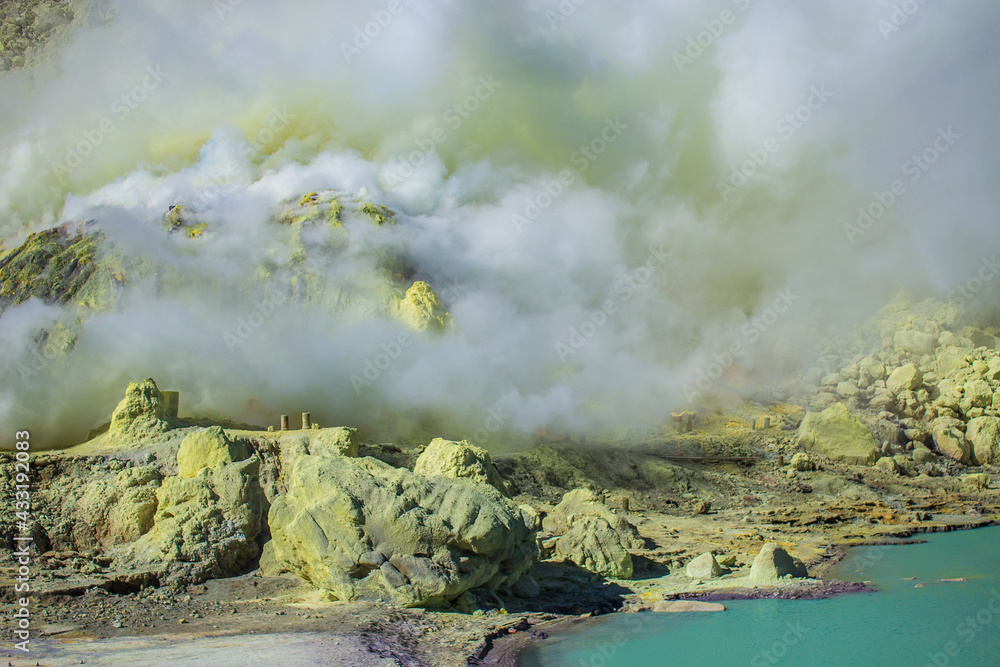 Poisonous Gas coming out of the sulphur mines and a toxic gas eruption in the crater lake on the