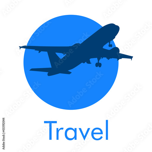 Logotipo con texto Travel y silueta de avión en círculo en color azul