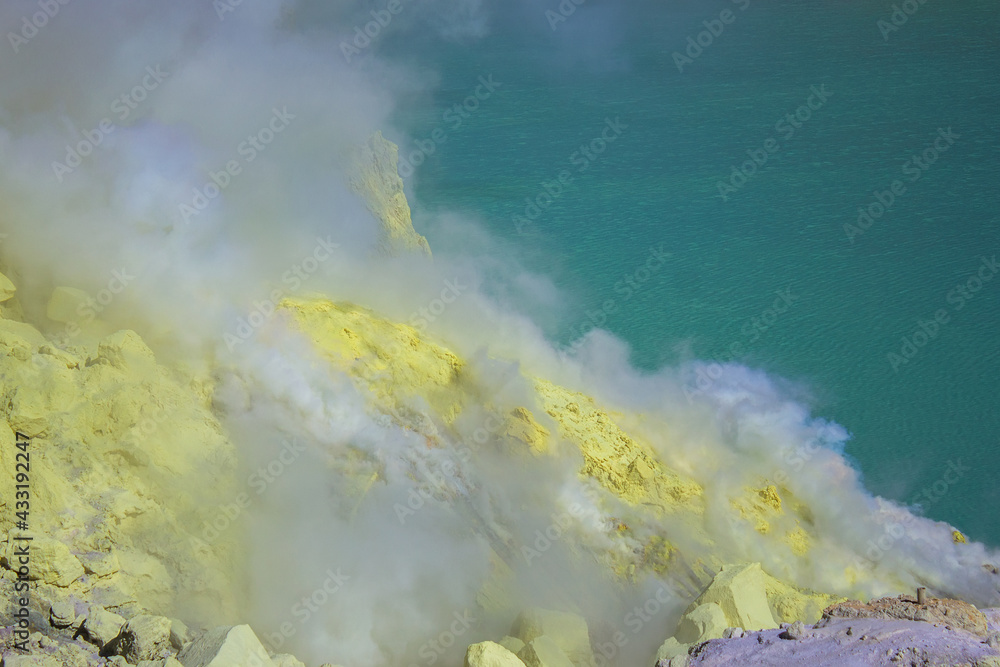 Poisonous Gas coming out of the sulphur mines and a toxic gas eruption in the crater lake on the