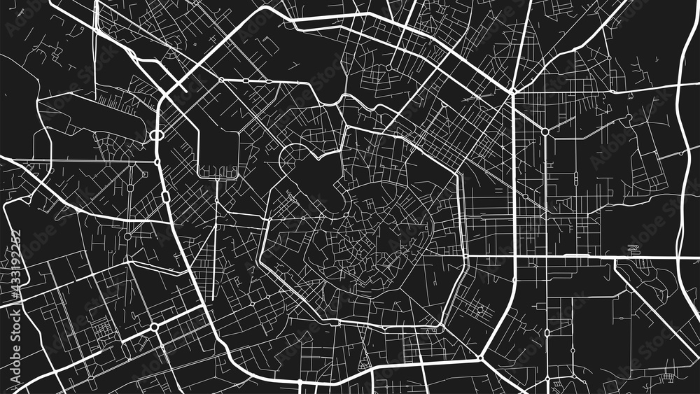 Obraz premium Black and white Milan city area vector background map, streets and water cartography illustration.