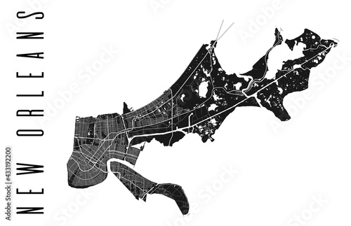 New Orleans map. Detailed vector map of New Orleans city administrative area.Black land with white.