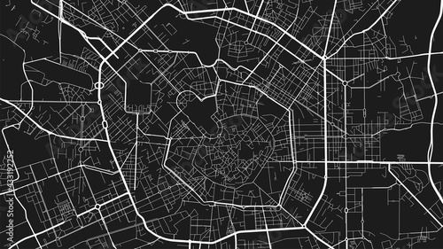 Black and white Milan city area vector background map, streets and water cartography illustration.