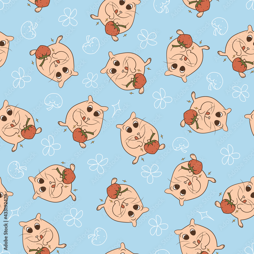 Obraz premium Strawberry hamster cute and colorful blue seamless pattern