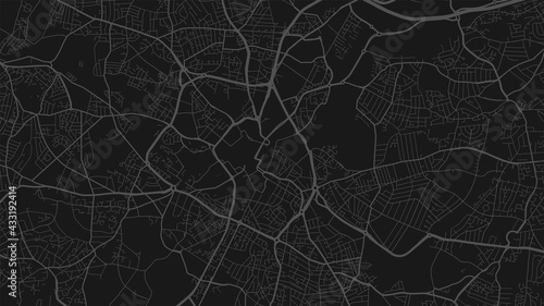 Black and dark grey Birmingham city area vector background map, streets and water cartography illustration.