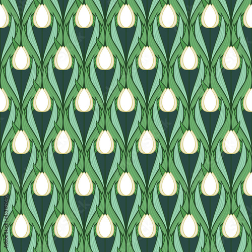Seamless pattern with white tulips in flat modern style. Design from multi-colored tulips in Damascus style. Vector illustration