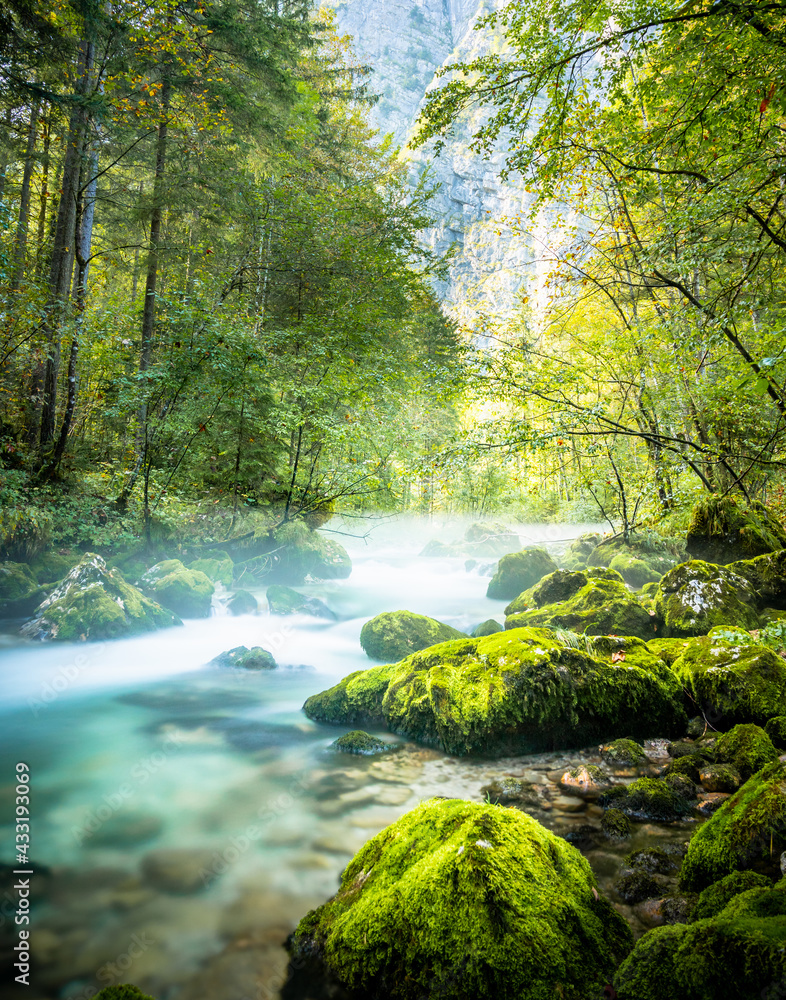 Obraz premium Schöner Bach Wald Panorama Sonnenstrahlen in Österreich Landschaft Natur Moos Fluss Fels Hallstatt Berg Alpen / Beautiful Stream Panorama Sunbeams in Austria Landscape. Nature Moss River Rock Stone 