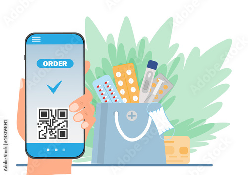 Online ordering of medicines, medical pills or tablets in shopping basket, medical and healthcare concept, flat vector illustration