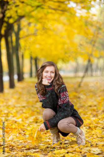 portrait of beautiful woman wearing sweater in autumn yellow park