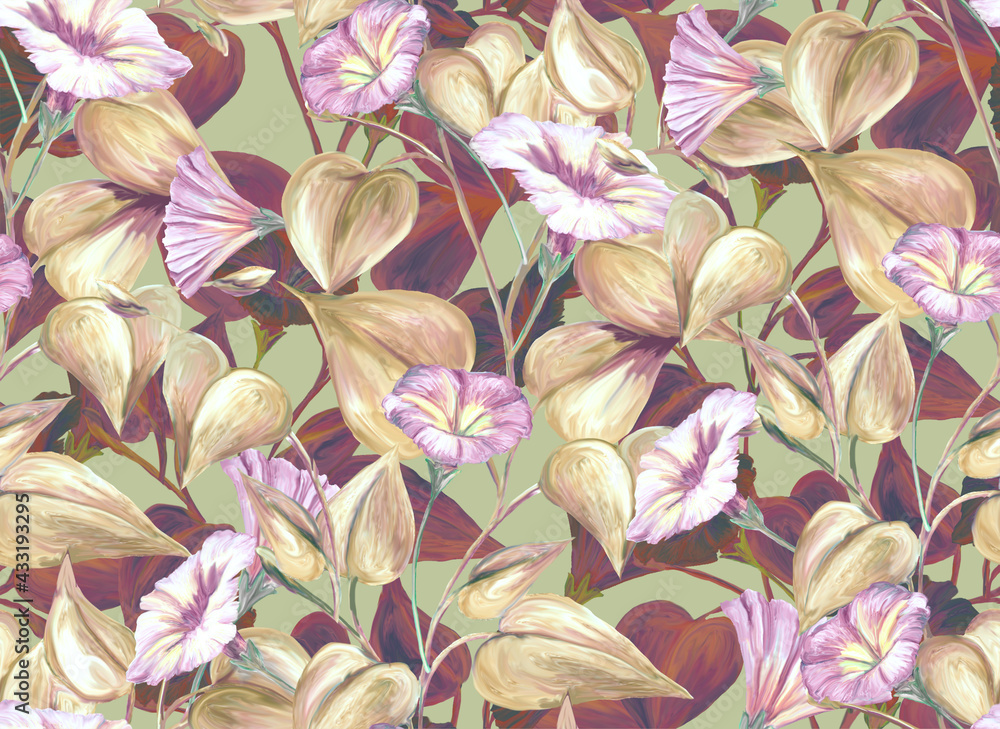 Herbal seamless pattern with painted stems, leaves and flowers of pink loach. Digital art background. Print for paper and fabric. Trendy surface textile design