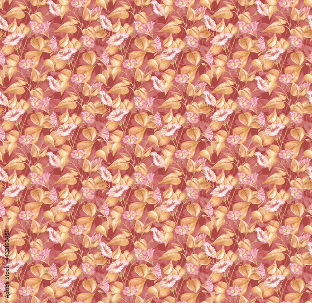 Herbal seamless pattern with painted stems, leaves and flowers of pink loach. Digital art background. Print for paper and fabric. Trendy surface textile design