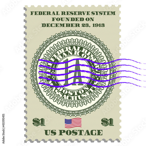 Postage stamp commemorating the founding of the American Federal Reserve System, founded on December 23, 1913. Seal in center of Bank of Boston, Massachusetts