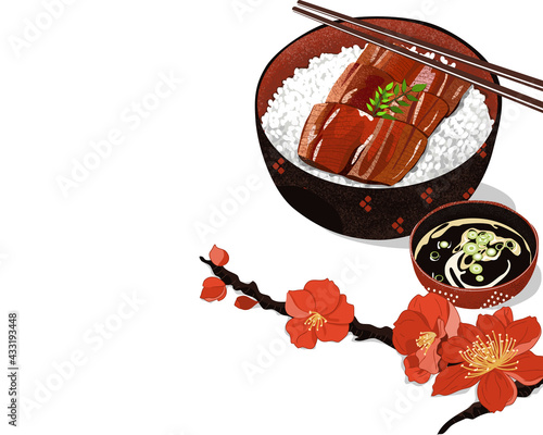 Isolated bowl of Unagi Kabayaki Japanese Eel Grilled with sweet sauce  and soup. Isolated Unagi bento on white background with red flower decoration. Asian Food drawing vector illustration  