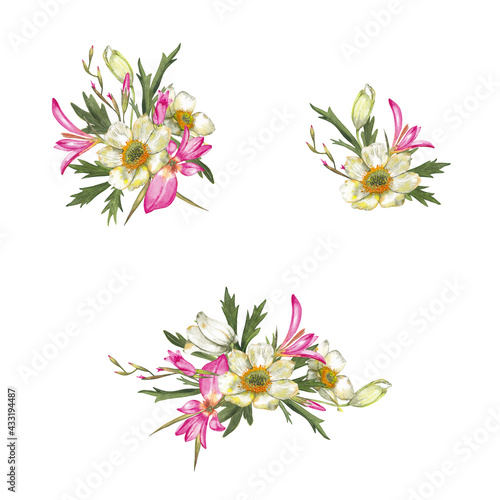 Spring, summer floral bouquets of pink gladiolus, white-yellow anemone flowers. Delicate meadow wildflowers. Round frame. Wedding decor. Watercolor hand painted isolated elements on white background. © Na.Ko.
