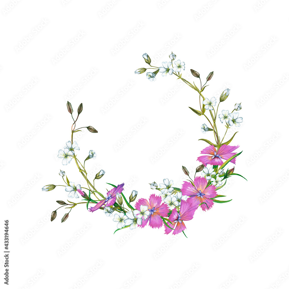 Spring, summer floral wreath of pink carnations mini white flowers. Delicate meadow wildflowers in semi round frame. Wedding decor. Watercolor hand painted isolated elements on white background. Spring, summer floral wreath of pink carnations mini white flowers. Delicate meadow wildflowers in semi round frame. Wedding decor. Watercolor hand painted isolated elements on white background.