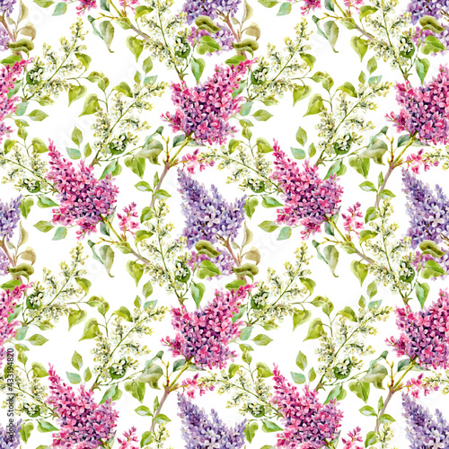 Beautiful vector floral spring seamless pattern with watercolor gentle lilac flowers. Stock illustration.