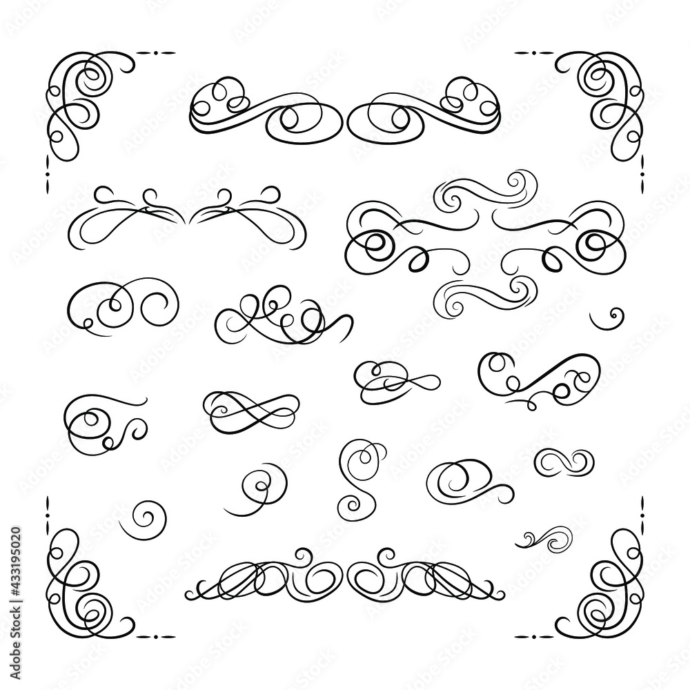 Vector set of filigree swirls, black lines isolated on white background, vintage design, elements collection.