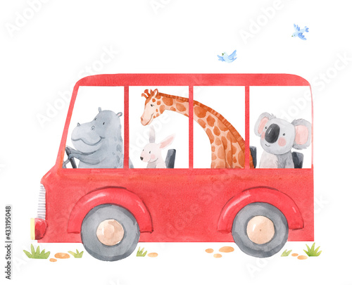 Photography Beautiful stock illustration with cute hand drawn watercolor bus with animals