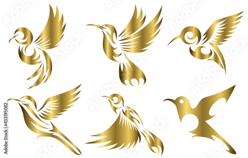 Line art gold Vector illustration six image set of flying hummingbirds. Suitable for making logos.