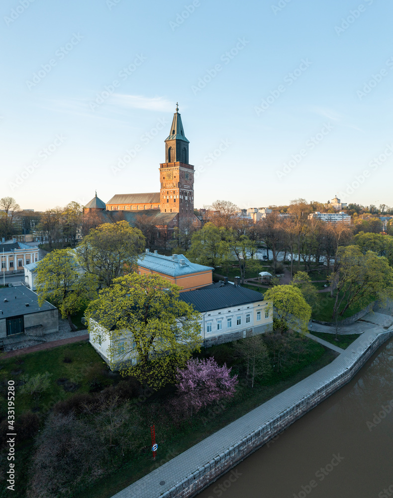 Aerial view of Turku Cathedral in spring in Turku, Finland.
