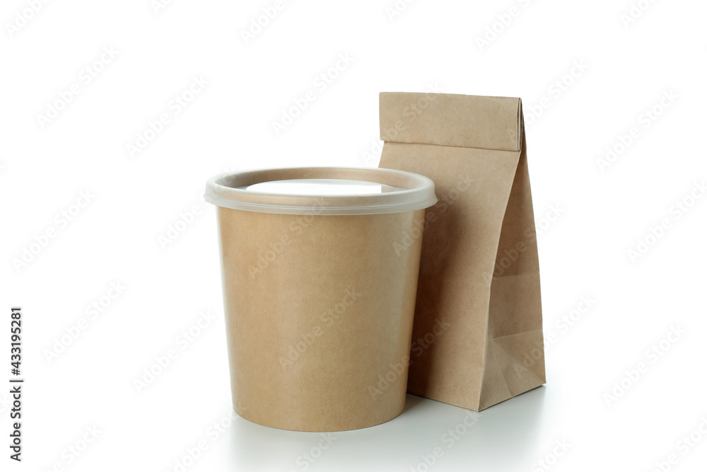 Blank paper bag and food cup isolated on white background Blank paper bag and food cup isolated on white background