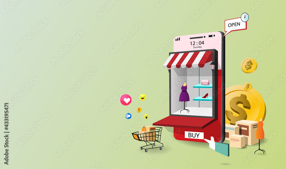 Online shopping. Modern marketing on mobile with global network, internet shops on website. concept of web page design for website, banner and mobile website. 3D vector illustration