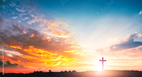 Canvas Print Religious day concept: Silhouette cross on  mountain sunset background