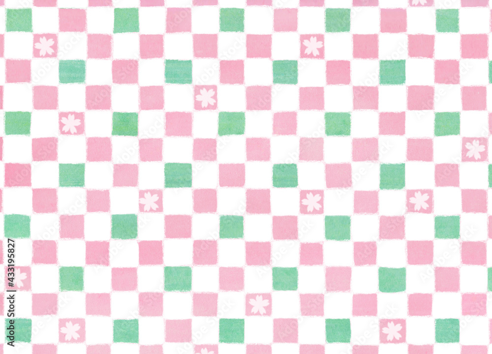 Fototapeta premium 桜模様 ピンクとグリーンのレトロかわいい市松模様背景